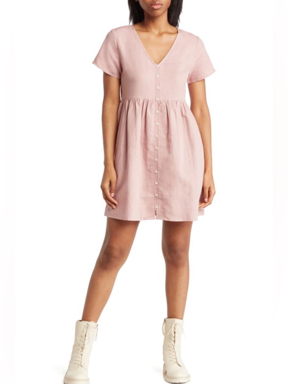 Madewell Alexandra Light Pink Linen Blend Button-Front Babydoll Mini Dress Sz M